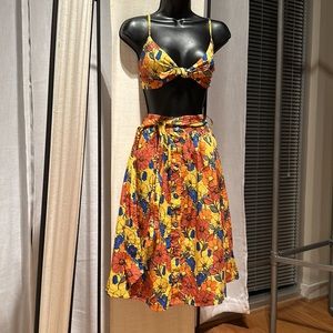 Forever 21 orange yellow floral print midriff twist top and skirt set